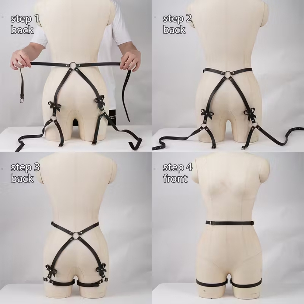 New Super Sexy Black Faux Leather Adjustable Garter With Bows